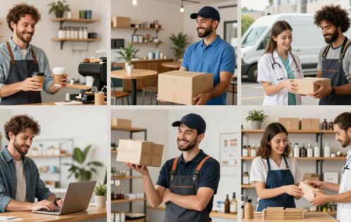 People working in retail, hospitality, and delivery part-time jobs.