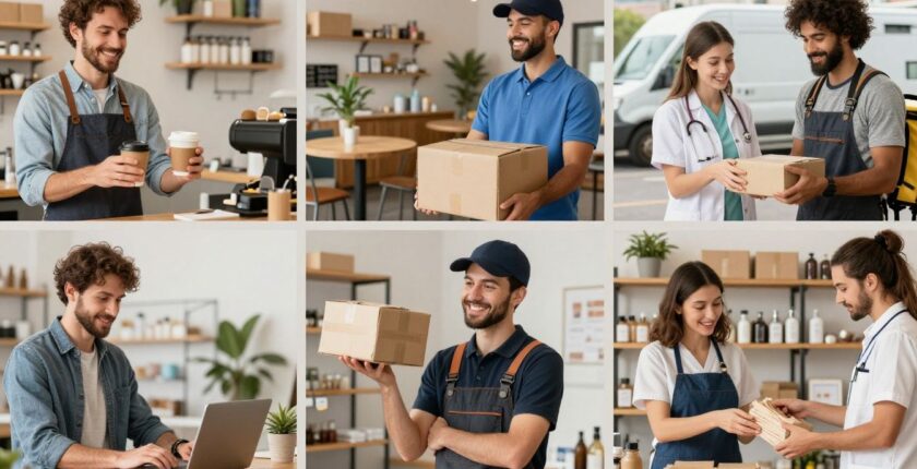 People working in retail, hospitality, and delivery part-time jobs.