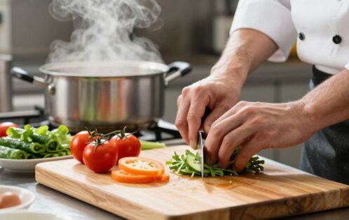 Chef's hands chopping vegetables in a professional kitchen.
