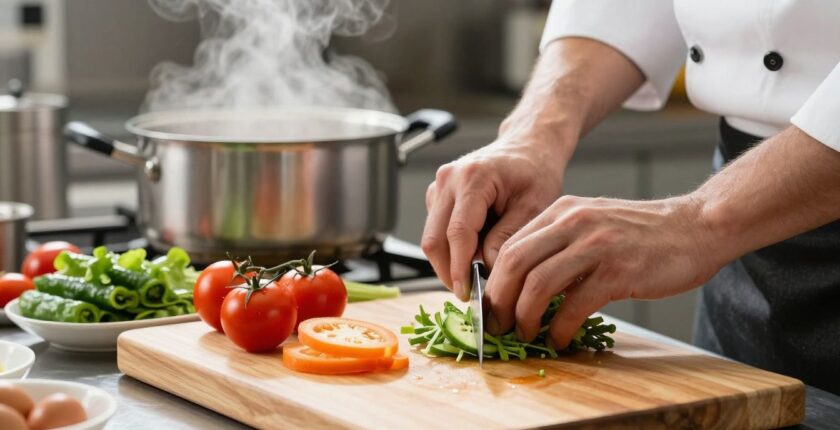 Chef's hands chopping vegetables in a professional kitchen.
