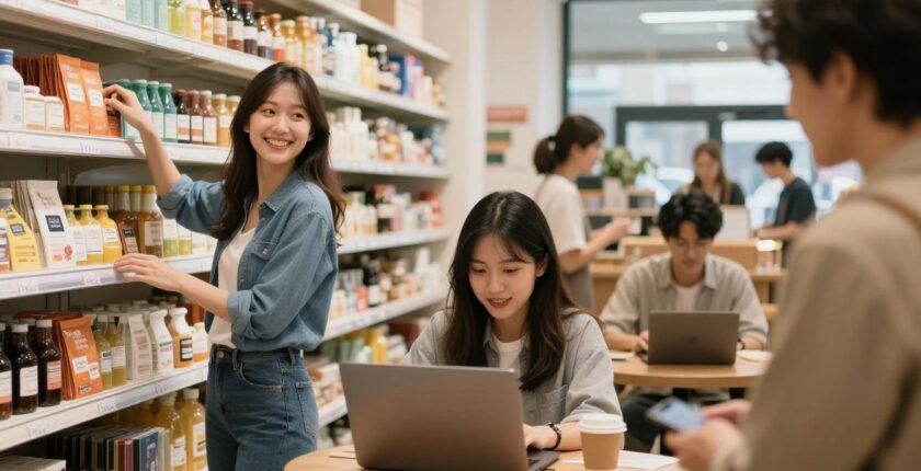 People working in retail, cafe, and food service part-time jobs.