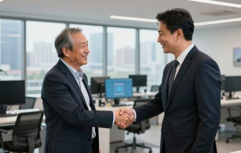 Dealer Success Manager shaking hands with a client in an office.