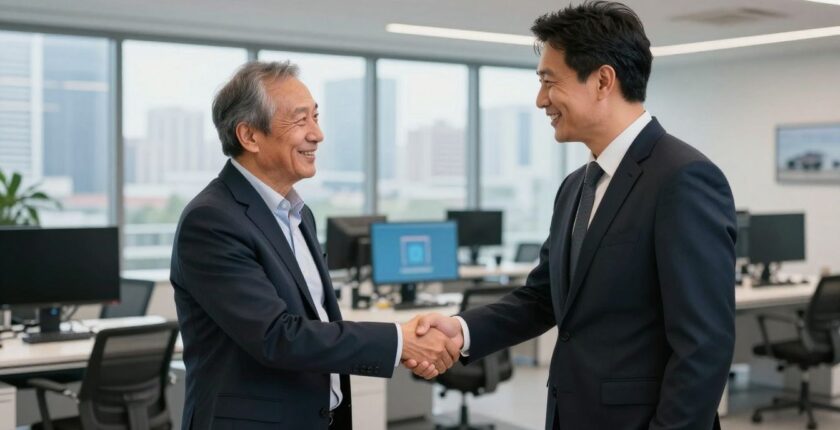 Dealer Success Manager shaking hands with a client in an office.