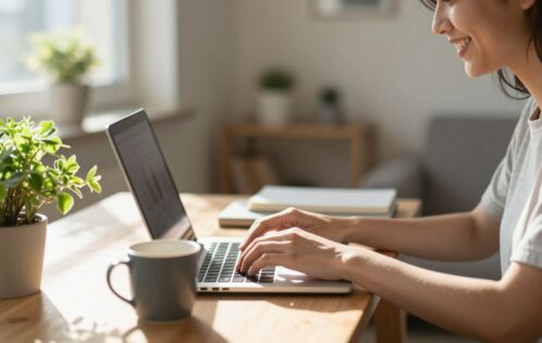 Young person working remotely on a laptop at home.