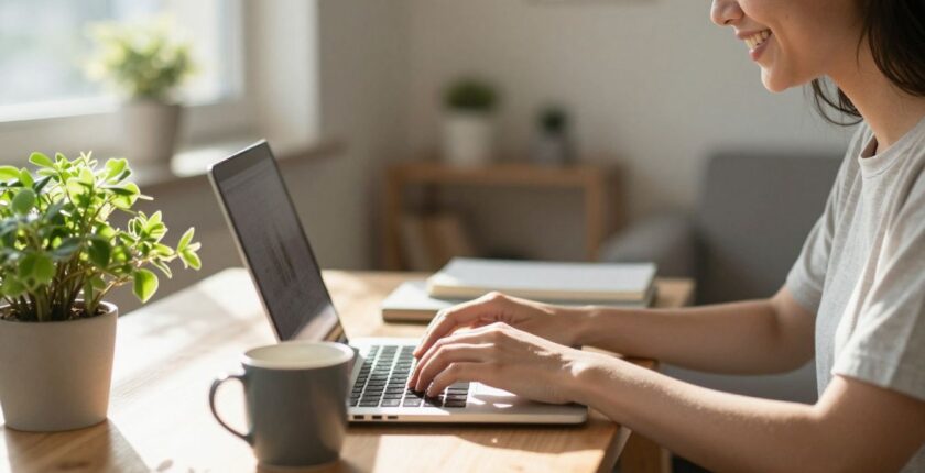 Young person working remotely on a laptop at home.