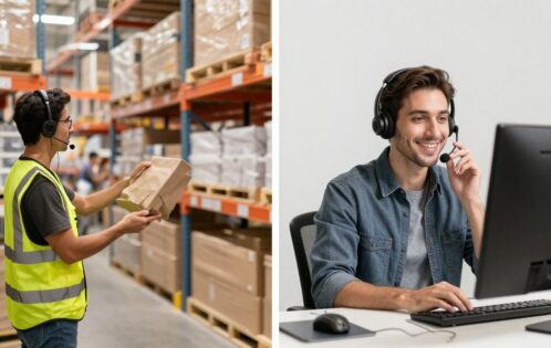 Warehouse worker picking items and customer service agent on headset.
