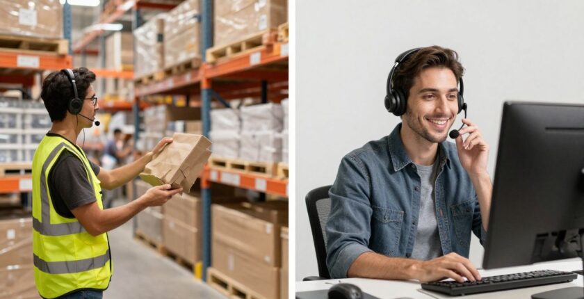 Warehouse worker picking items and customer service agent on headset.