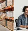 Warehouse worker picking items and customer service agent on headset.